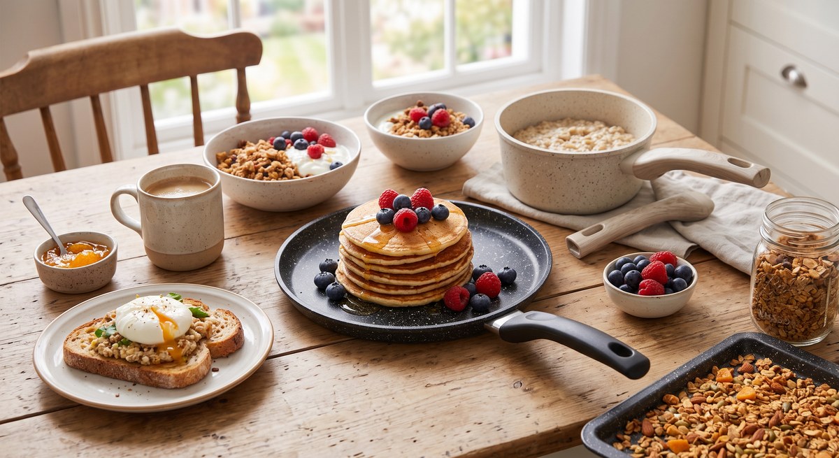 Завтрак без повторов — 7 идей Разнообразный завтрак: панкейки, гранола и яйцо пашот на светлой кухне