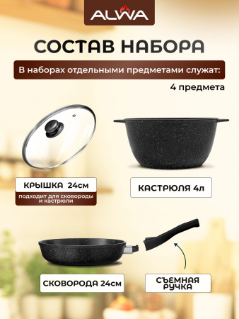 Набор посуды 4 предмета, мраморный чёрный