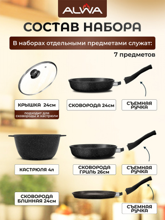 Набор посуды 7 предметов, мраморный чёрный