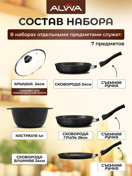 Набор посуды 7 предметов, мраморный чёрный