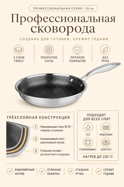 Профессиональная сковорода 20 см из нержавеющей стали антипригарная от магазина «Альва»