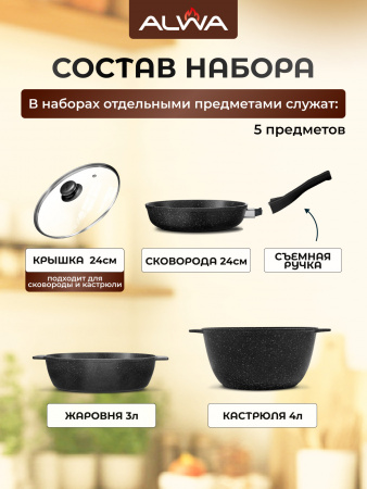 Набор посуды 5 предметов, мраморный чёрный