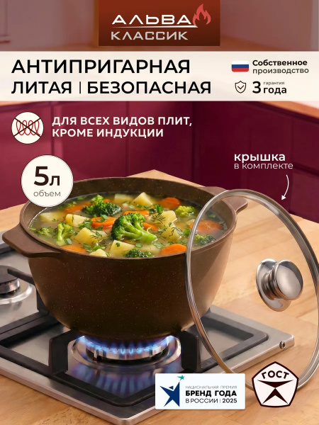Кастрюля с крышкой 5 л антипригарная литая от магазина «Альва»