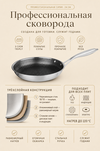 Профессиональная сковорода 24 см из нержавеющей стали антипригарная от магазина «Альва»