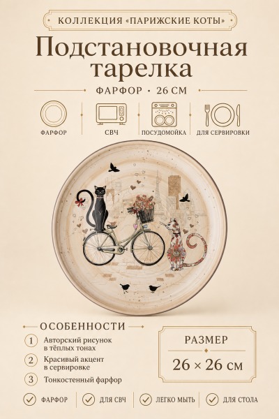Тарелка подстановочная «Парижские коты» 26 см, фарфор от магазина «Альва»