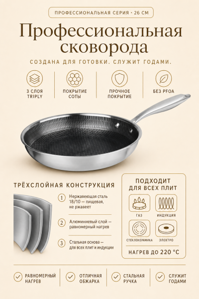 Профессиональная сковорода 26 см из нержавеющей стали антипригарная от магазина «Альва»