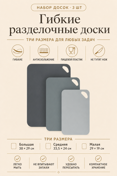 Набор гибких разделочных досок 3 шт (38×29, 33,5×24, 29×19 см) от магазина «Альва»