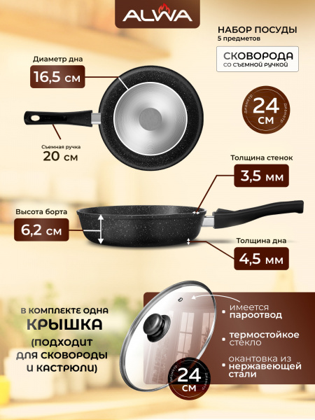 Набор посуды 5 предметов, мраморный чёрный