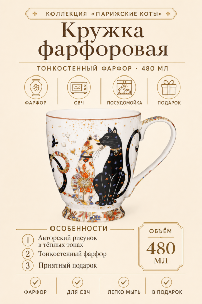 Кружка «Парижские коты» 480 мл, фарфор от магазина «Альва»