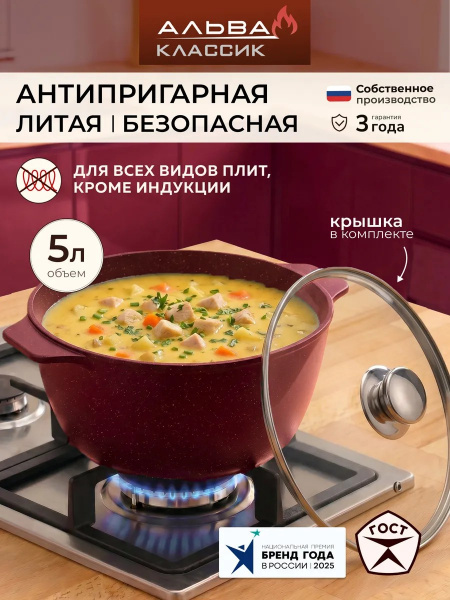 Кастрюля с крышкой 5 л антипригарная литая от магазина «Альва»
