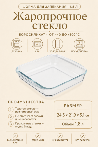 Форма для запекания жаропрочная стеклянная 1,8 л, 24×22 см от магазина «Альва»